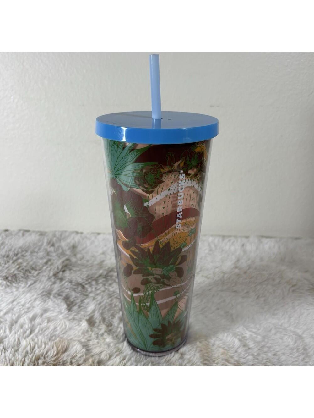 Starbucks Floral Cold Cup 24 oz Blue Lid Straw Tumbler Reusable - Picture 3 of 9